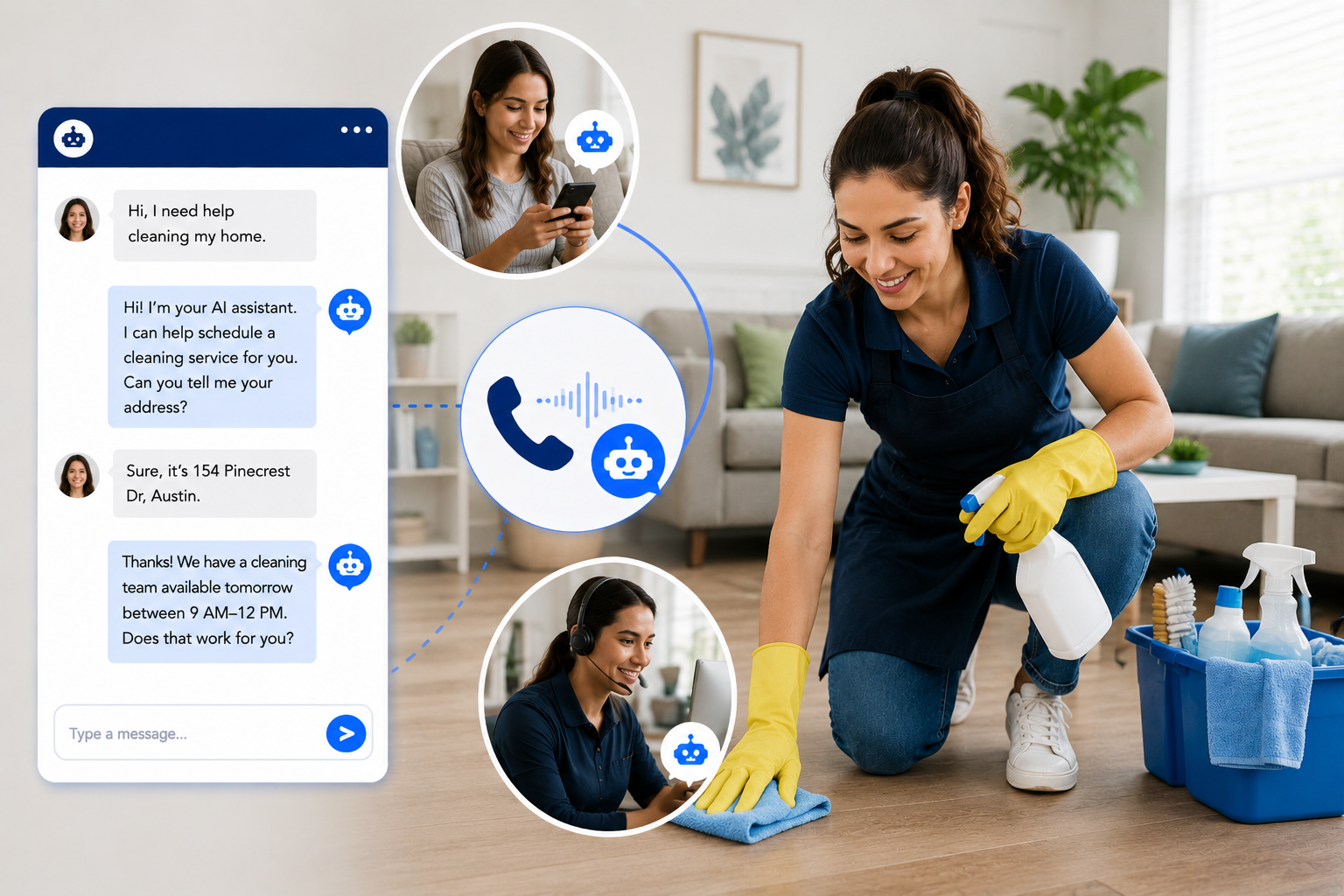 Cleaning service business supported by AI call answering automation